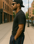RF Wear Men's Mesh Pinstripe Shorts - Black/White/Blue/Red - Model Side View