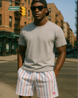 RF Wear Men's Mesh Pinstripe Shorts - White/Blue/Red - Model Front View