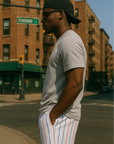 RF Wear Men's Mesh Pinstripe Shorts - White/Blue/Red - Model Side View