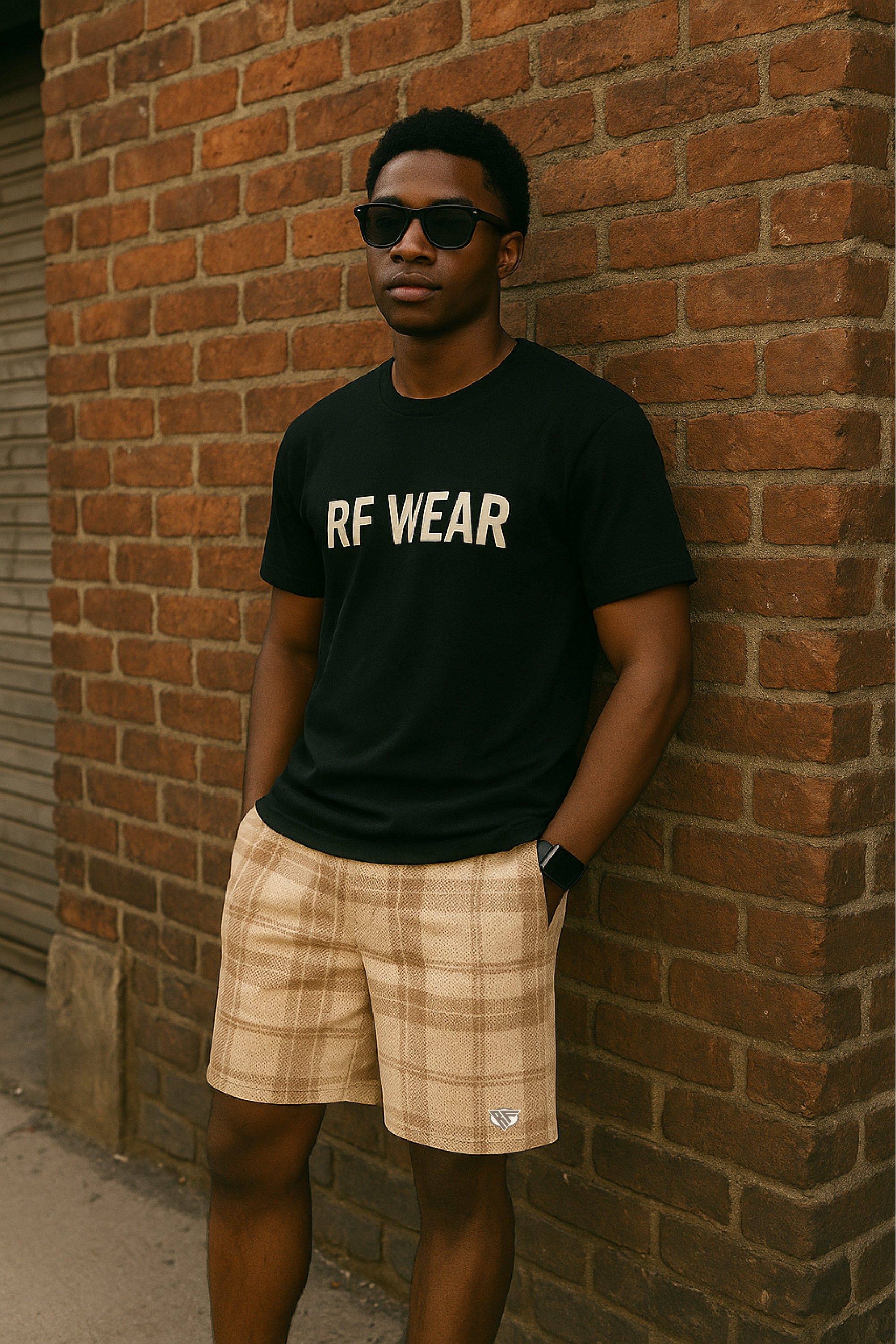 RF Wear Men's Mesh Plaid Shorts - Cream /Tan - Model Front View
