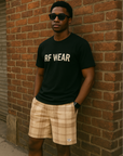RF Wear Men's Mesh Plaid Shorts - Cream /Tan - Model Front View