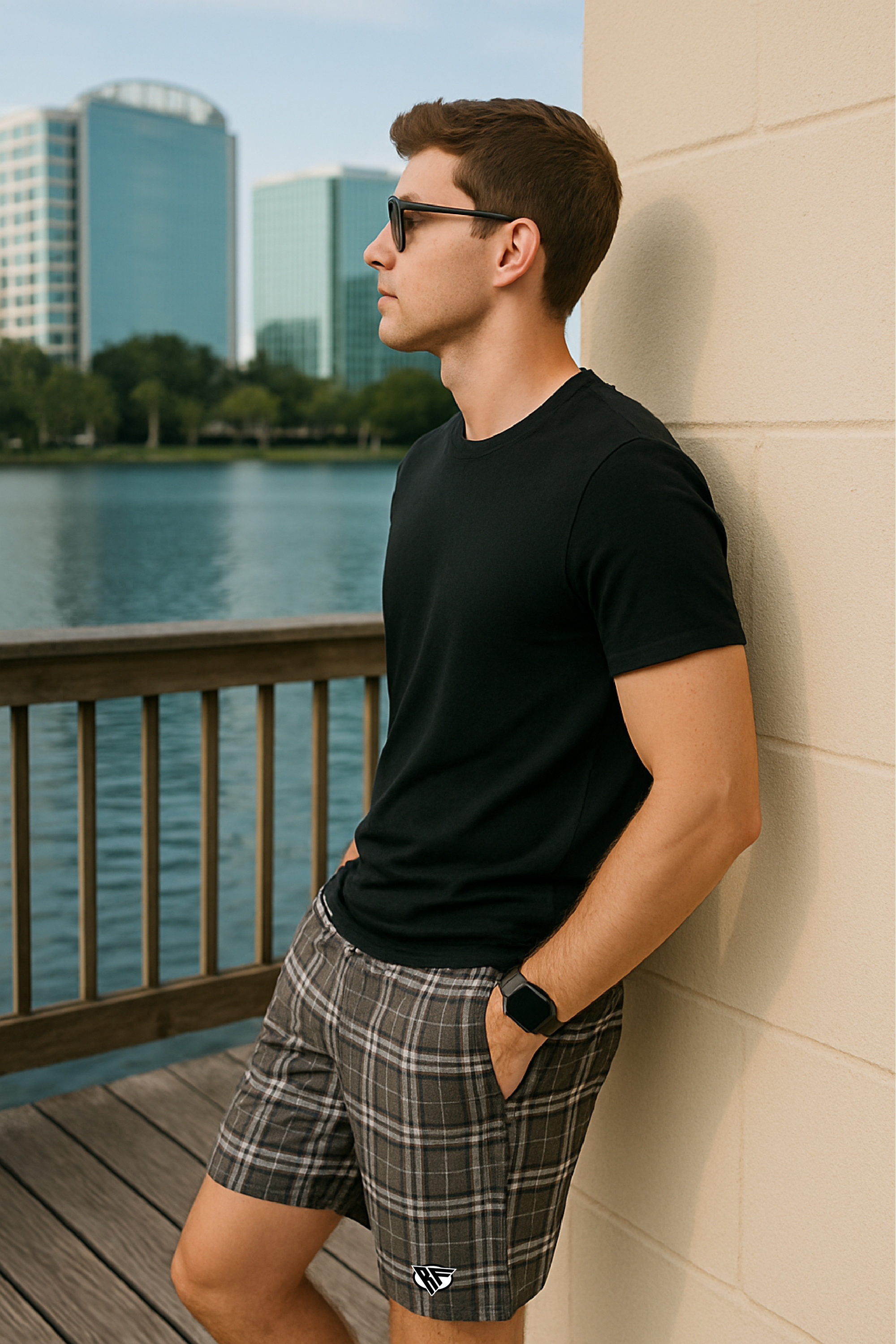 RF Wear Men's Mesh Plaid Shorts - Charcoal - Model Side View