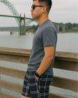 RF Wear Men's Mesh Tartan Plaid Shorts - Navy - Model Side View