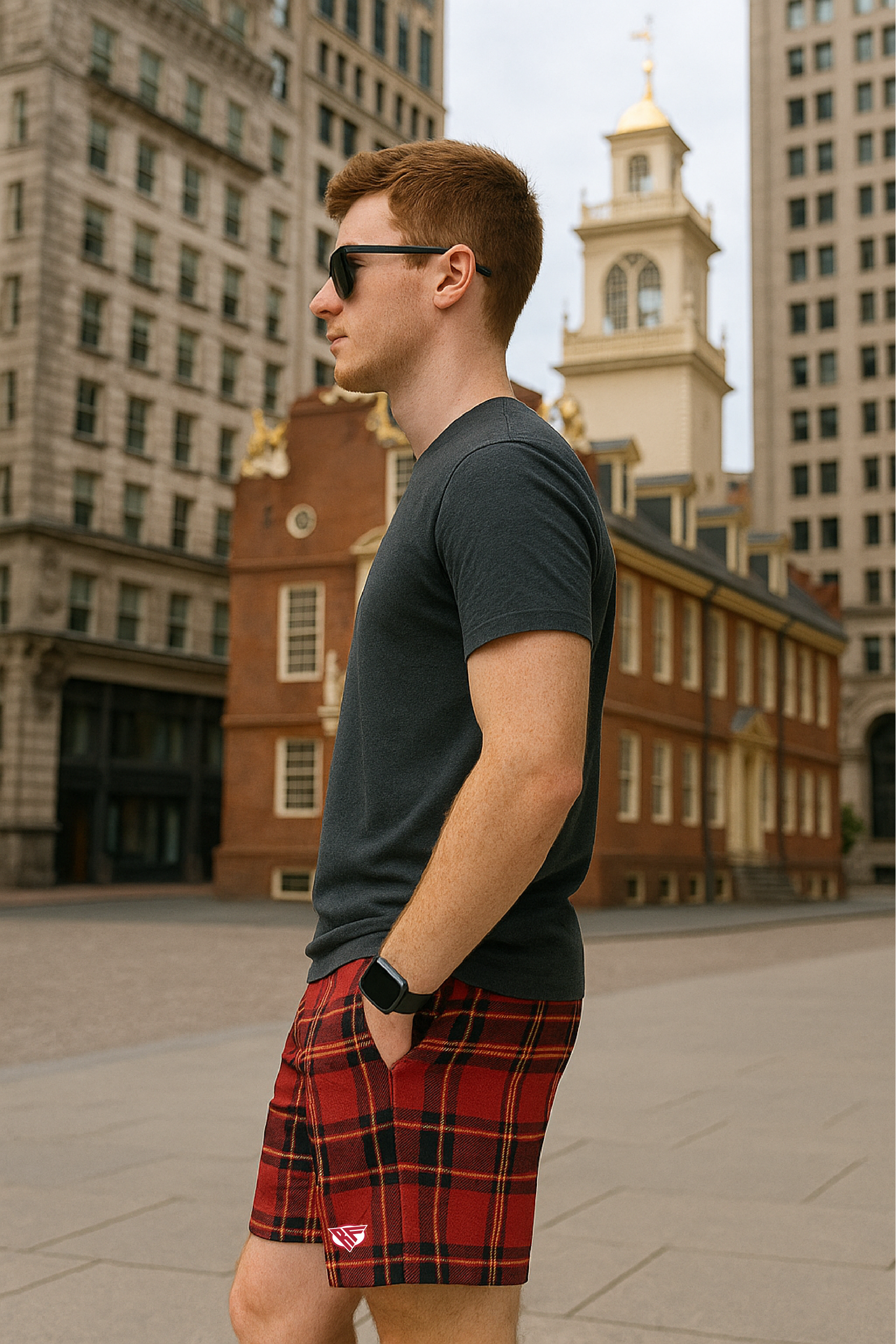 RF Wear Men's Mesh Tartan Plaid Shorts - Red/Gold - Model Side View