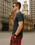 RF Wear Men's Mesh Tartan Plaid Shorts - Red/Gold - Model Side View
