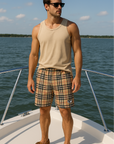 RF Wear Men's Mesh Tartan Plaid Shorts - Tan/Black - Model Front View