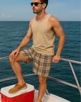 RF Wear Men's Mesh Tartan Plaid Shorts - Tan/Black - Model Side View
