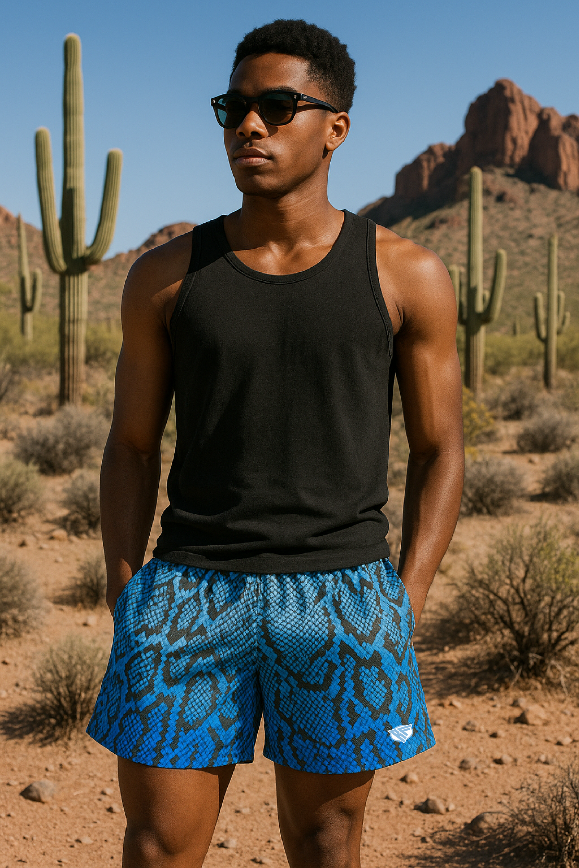 RF Wear Men's Mesh Snakeskin Shorts - Blue - Model Front View
