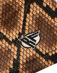 Close-up of RF-Wear Men's Snakeskin Shorts in Brown with RF logo