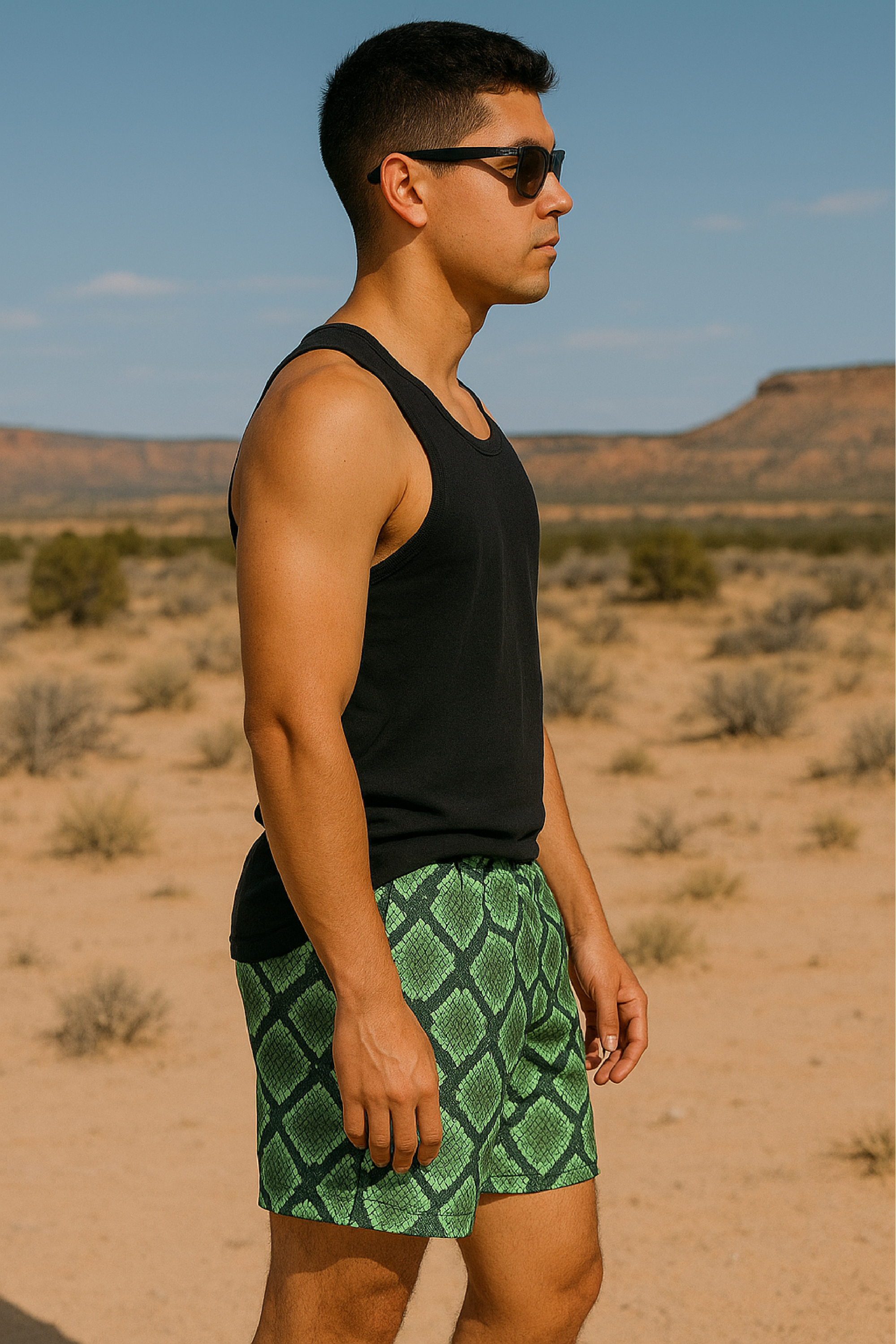 RF Wear Men's Mesh Snakeskin Shorts - Green - Model Side View