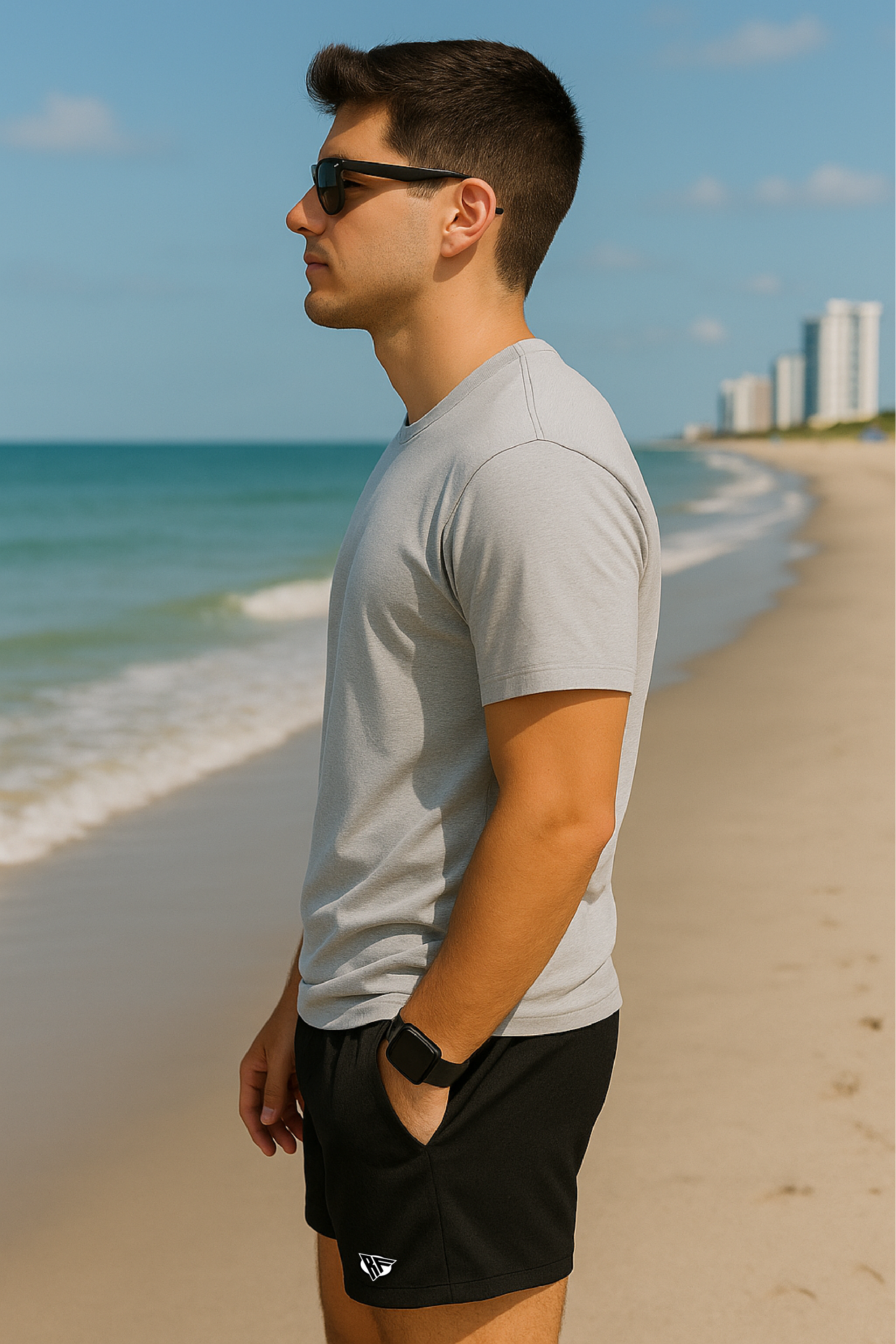 RF Wear Men's Mesh Solid Color Shorts - Black - Model Side View