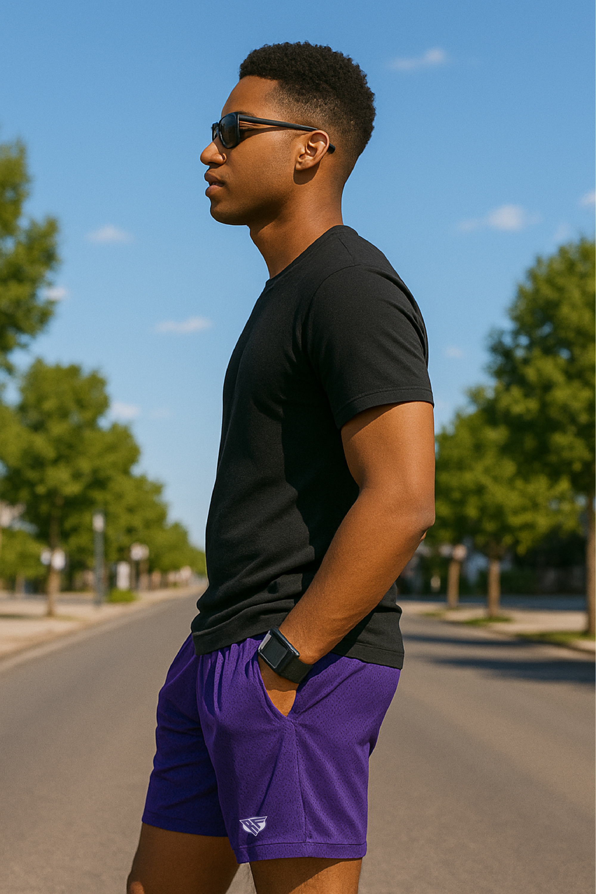 RF Wear Men's Mesh Solid Color Shorts - Purple - Model Side View