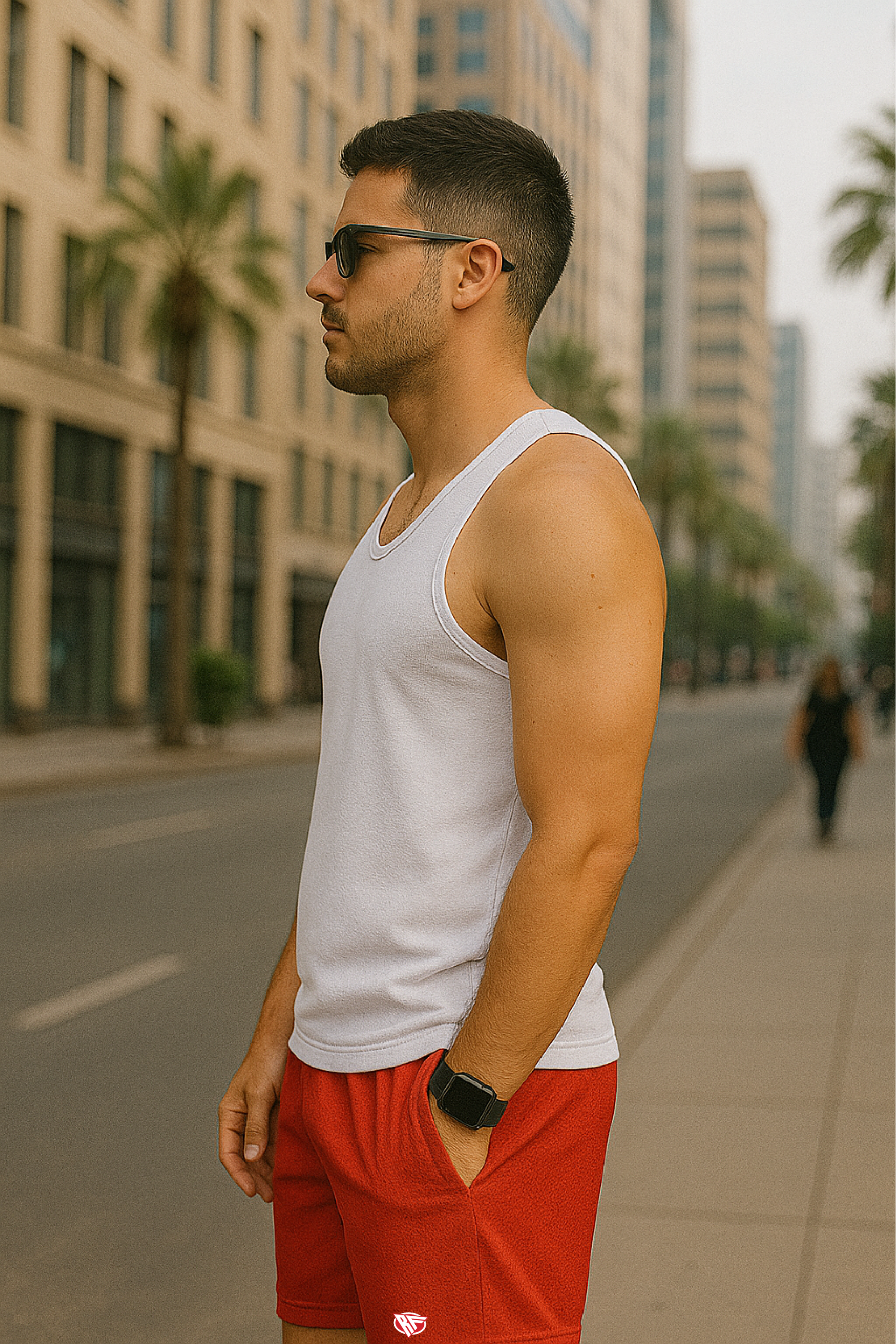 RF Wear Men's Mesh Solid Color Shorts - Red - Model Side View