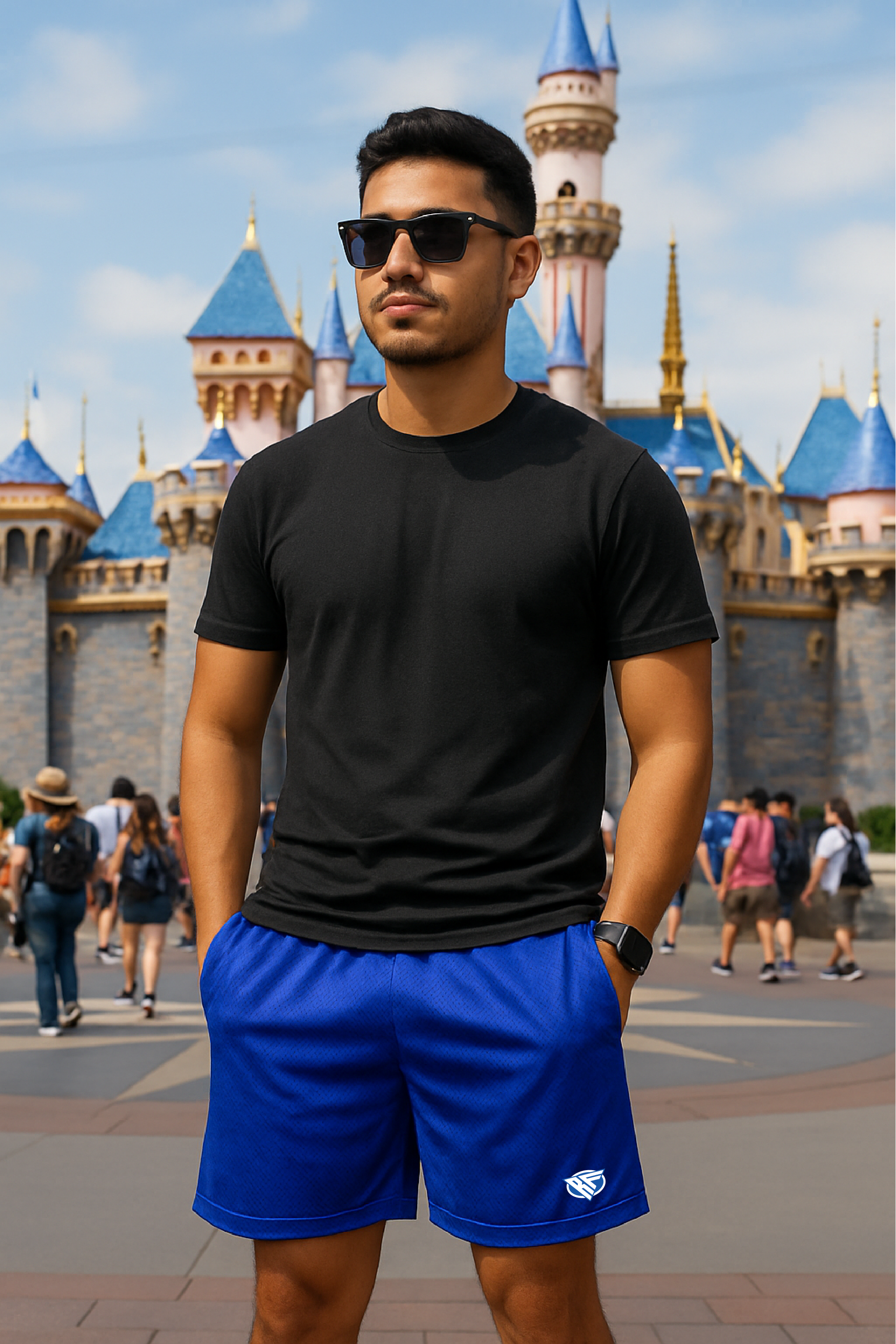 RF Wear Men's Mesh Solid Color Shorts - Royal-Blue - Model Front View