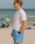 RF Wear Men's Mesh Solid Color Shorts - Sky-Blue - Model Side View