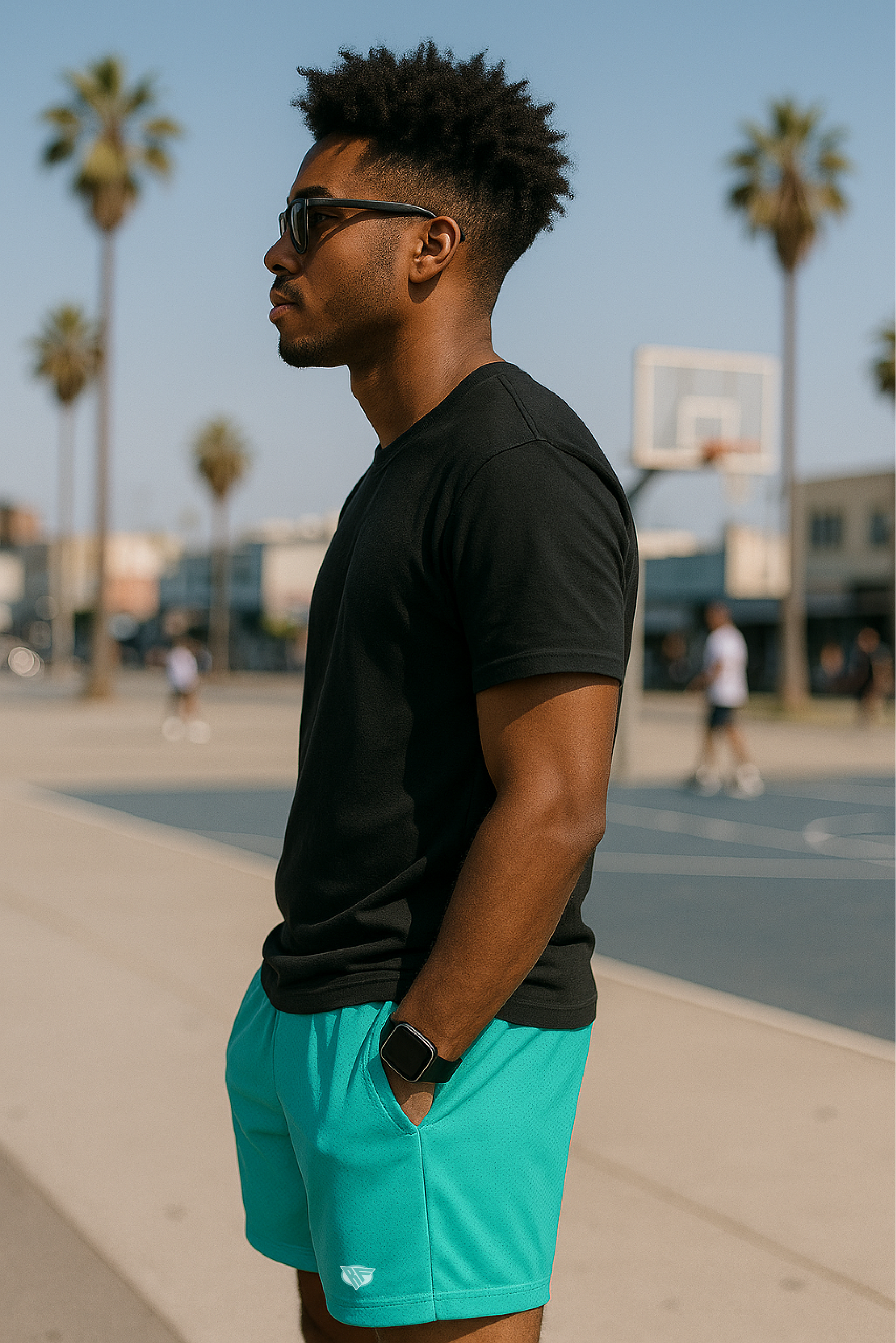 RF Wear Men's Mesh Solid Color Shorts - Teal - Model Side View