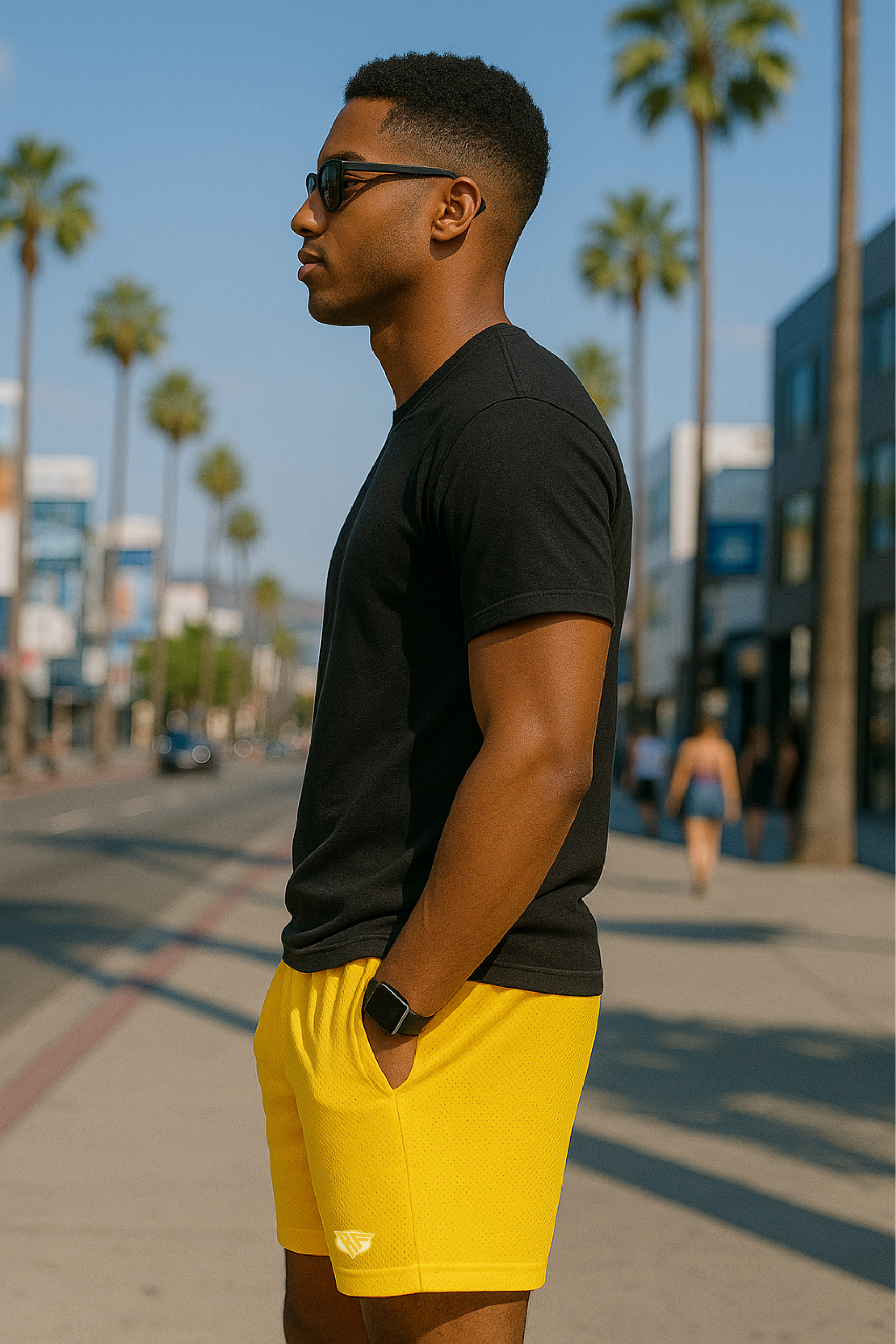 RF Wear Men's Mesh Solid Color  Shorts - Yellow - Model Side View