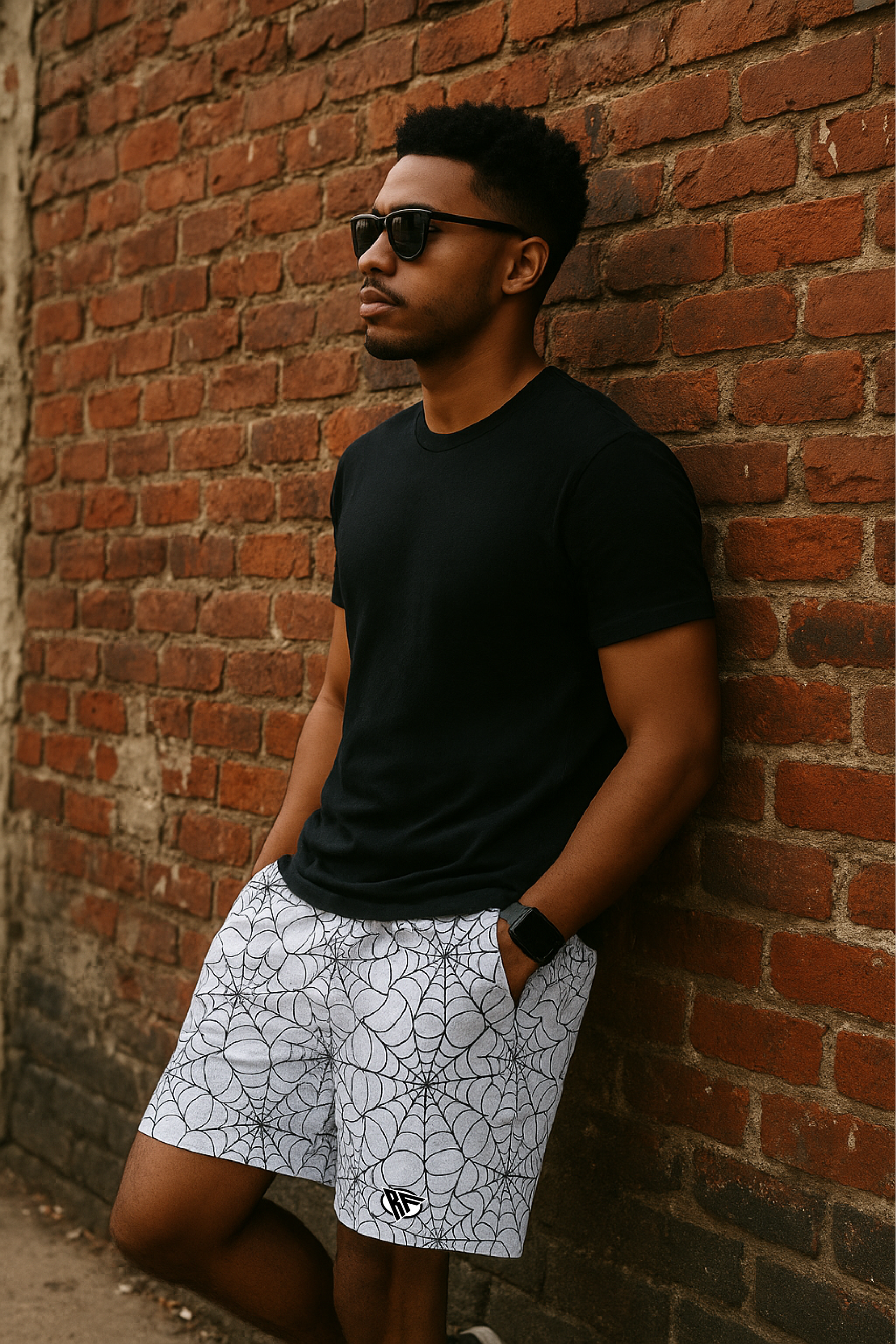 RF Wear Men's Mesh Spider Web Shorts - White/Black - Model Side View
