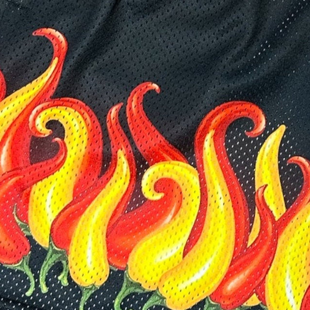 RF Wear Men's Mesh Split Flaming Pepper Shorts - Close Up