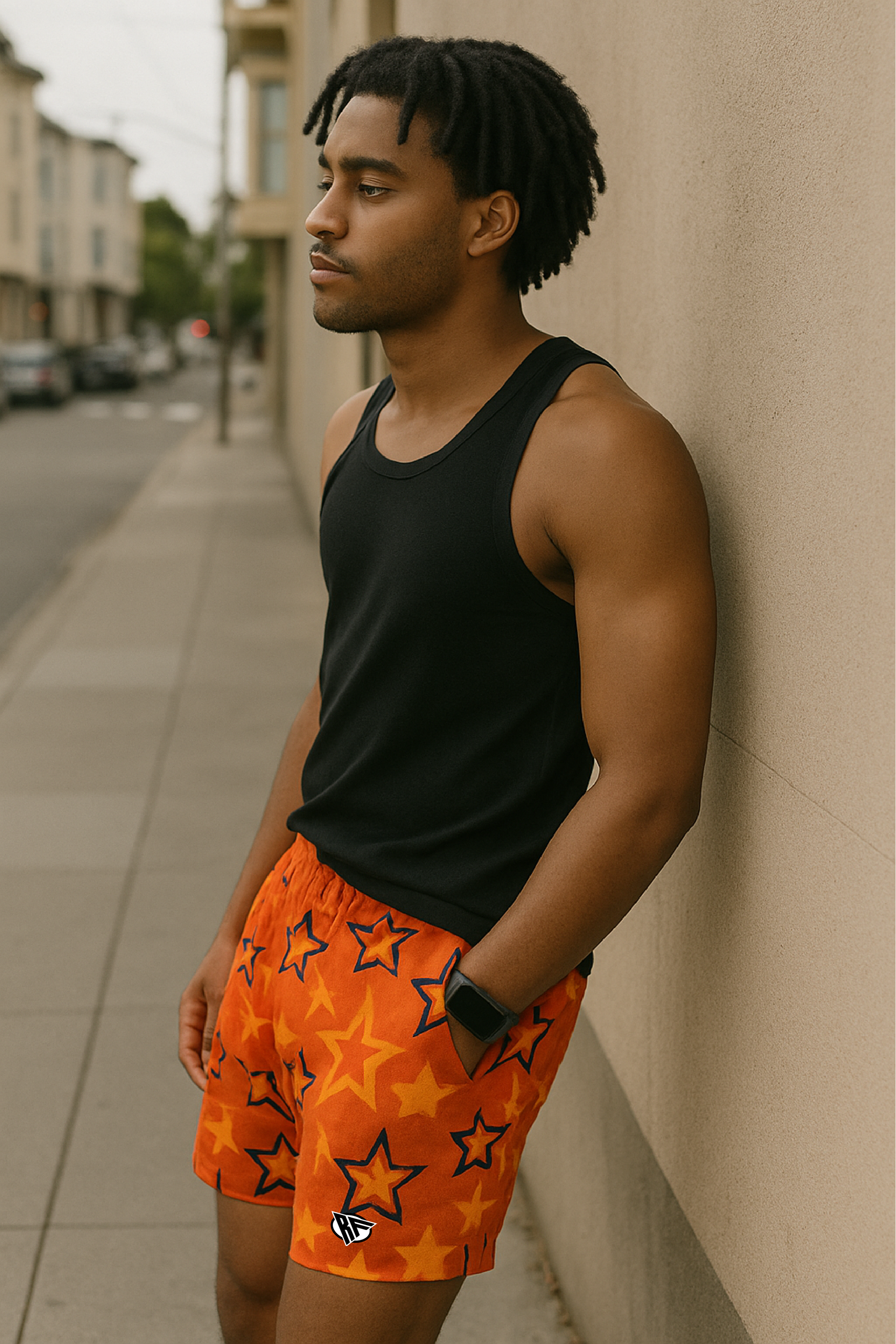 RF Wear Men's Mesh Star Shorts - Red/Orange - Model Side View