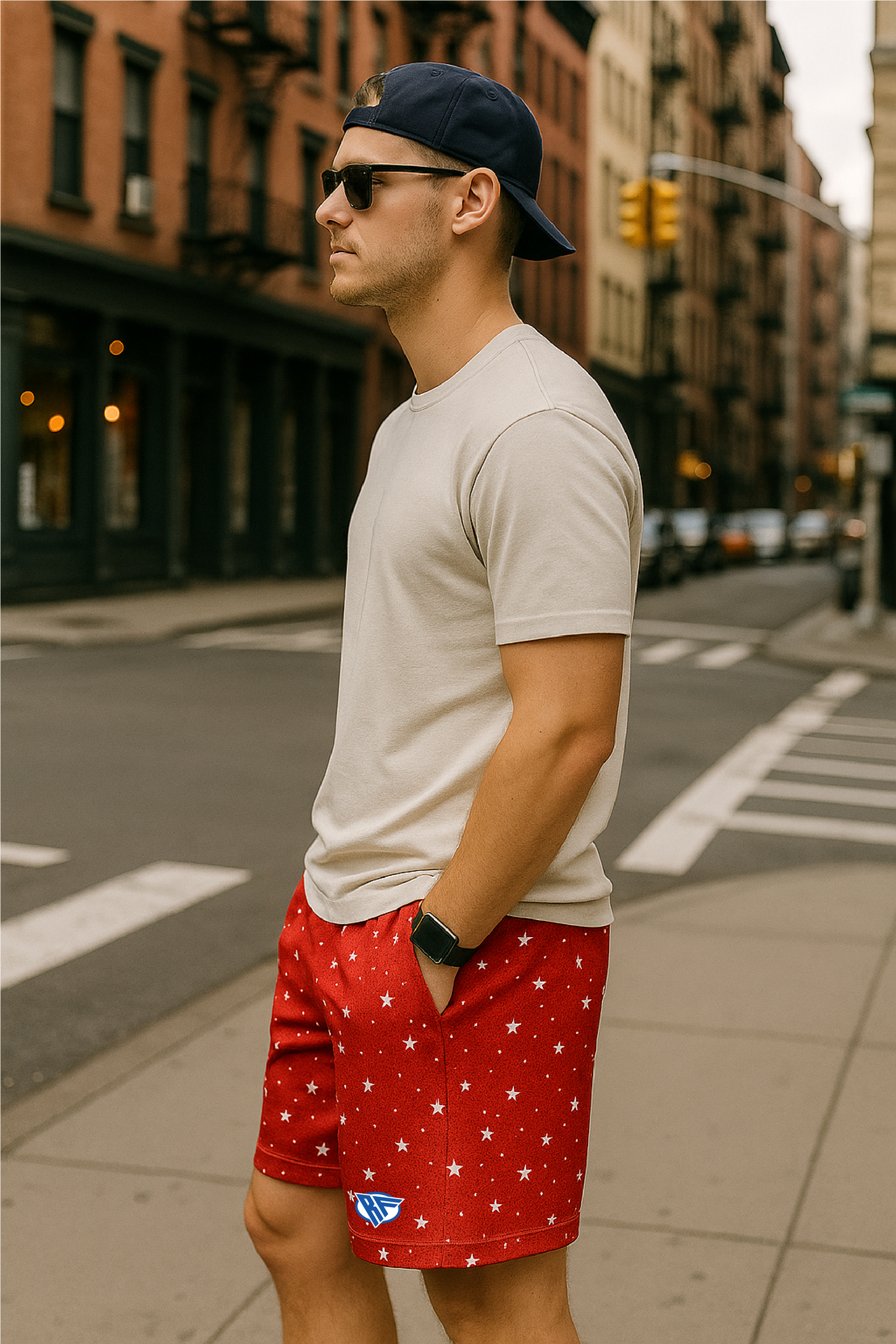 RF Wear Men's Mesh Star Shorts - Red with White Stars - Model Side View