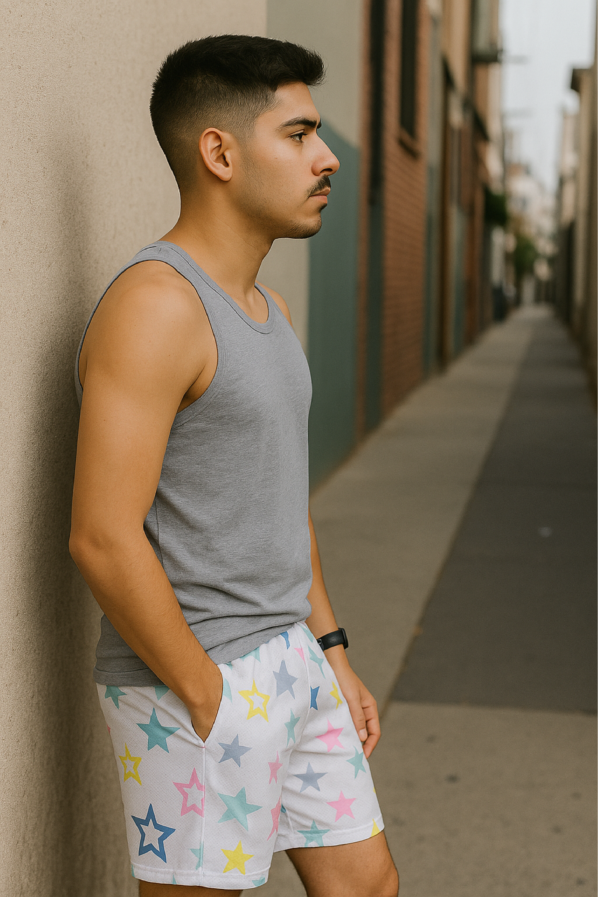RF Wear Men's Mesh Star Shorts - White/Multicolor - Model Side View