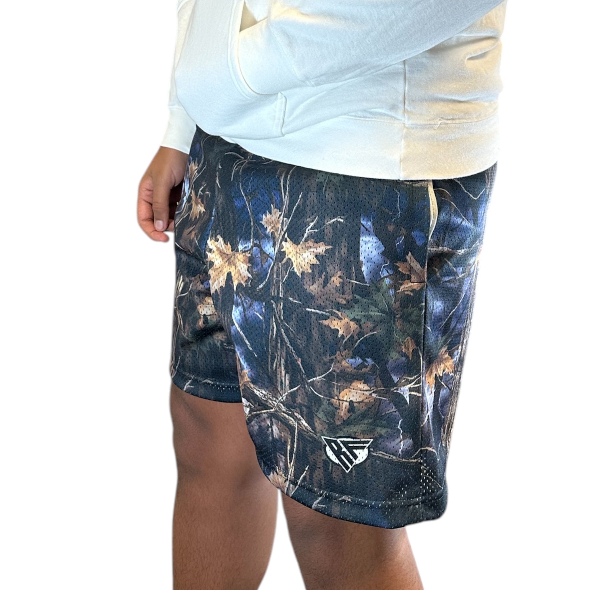 RF Wear Men's Mesh Tree Camo Shorts - Storm - Model Side View