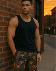 RF Wear Men's Mesh Tree Camo Shorts - Sunset - Model Front View