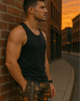 RF Wear Men's Mesh Tree Camo Shorts - Sunset - Model Side View