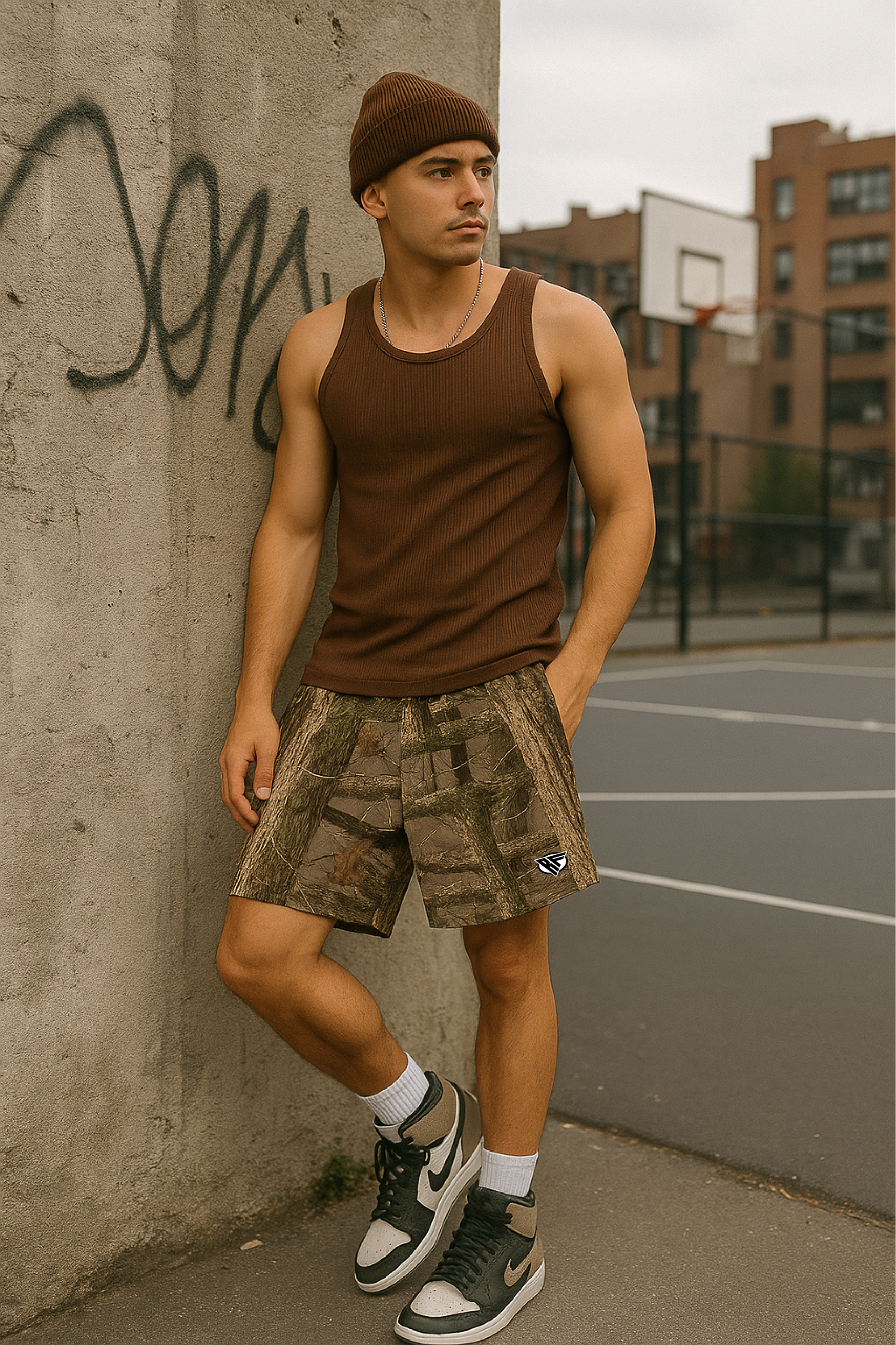 RF Men's Mesh Tree Camo Shorts - Tan - Model