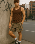 RF Men's Mesh Tree Camo Shorts - Tan - Model Front View