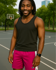 RF Wear Men's Mesh White Stripe V-Cut Shorts - Fuchsia - Model Front View