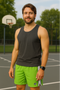 RF Wear Men's Mesh White Stripe V-Cut Shorts - Lime Green - Model Front View