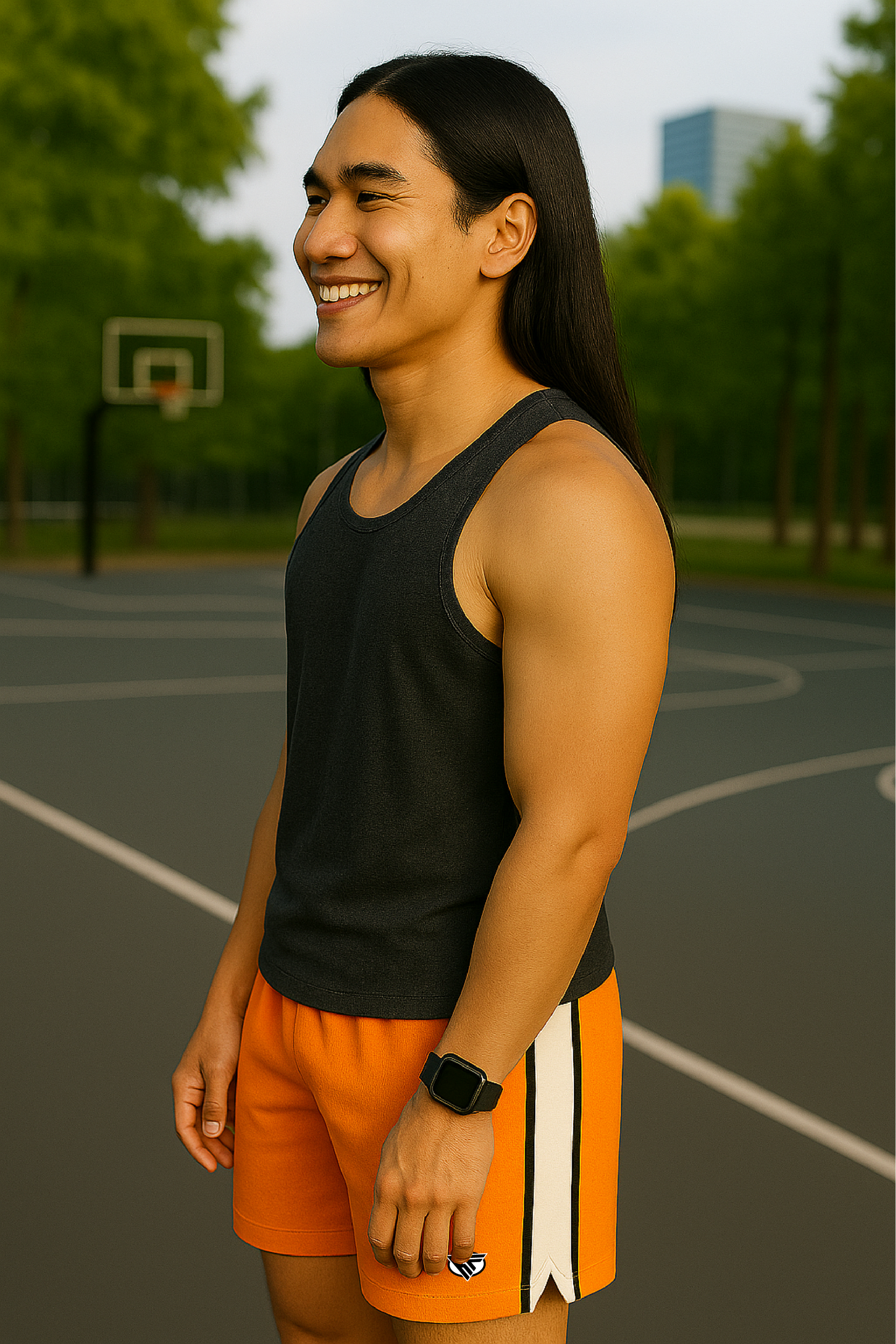 RF Wear Men's Mesh White Stripe V-Cut Shorts - Orange - Model Side View