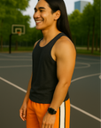 RF Wear Men's Mesh White Stripe V-Cut Shorts - Orange - Model Side View