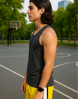 RF Wear Men's Mesh White Stripe V-Cut Shorts - Yellow - Model Side View