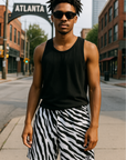 RF Wear Men's Mesh Animal Print Shorts - Zebra - Black/White - Model Front View