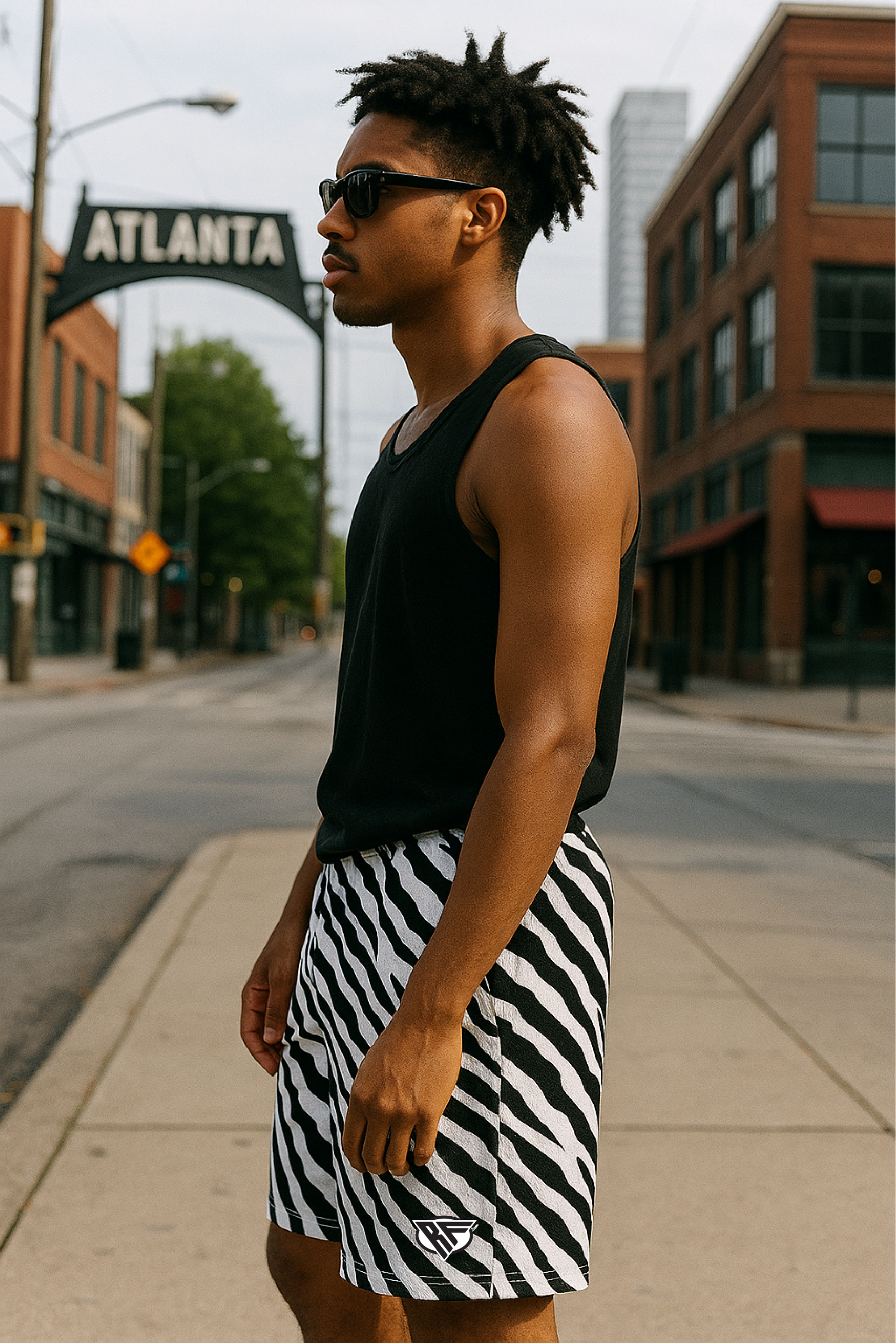 RF Wear Men's Mesh Animal Print Shorts - Zebra - Black/White - Model Side View