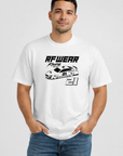 Man wearing jeans and RF-Wear Racing Graphic on Front T-Shirt in White