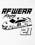Close-up of RF-Wear Racing Graphic on Front T-Shirt in White