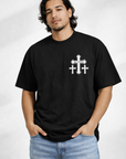 Man wearing jeans and RF-Wear Cross T-Shirt in Black
