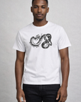 Man Wearing black jeans and a RF-Wear Snake T-Shirt in White