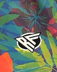 Close-up of RF-Wear Swim Trunks Hawaiian Watercolors with RF logo
