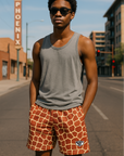 RF Wear Men's Mesh Animal Print Shorts - Giraffe - Brown/Yellow - Model Front View