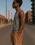 RF Wear Men's Mesh Animal Print Shorts - Giraffe - Brown/Yellow - Model Side View
