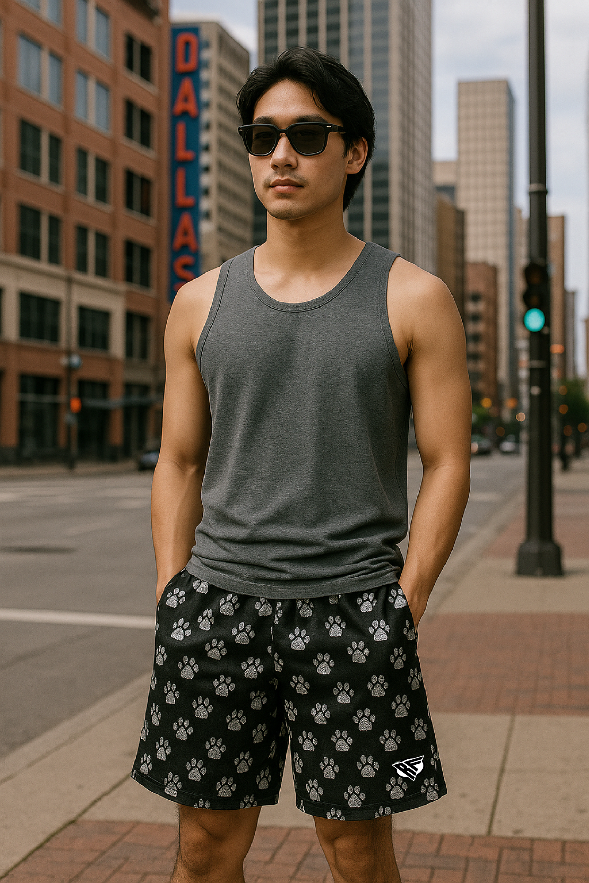 RF Wear Men's Mesh Animal Print Shorts  - Paw Prints - Black/Grey - Model Front View