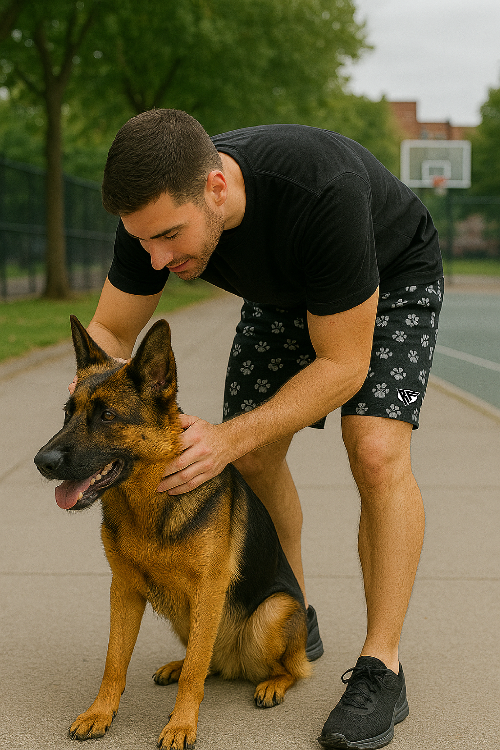 RF Wear Men's Mesh Animal Print Shorts  - Paw Prints - Black/Grey - Model with Dog