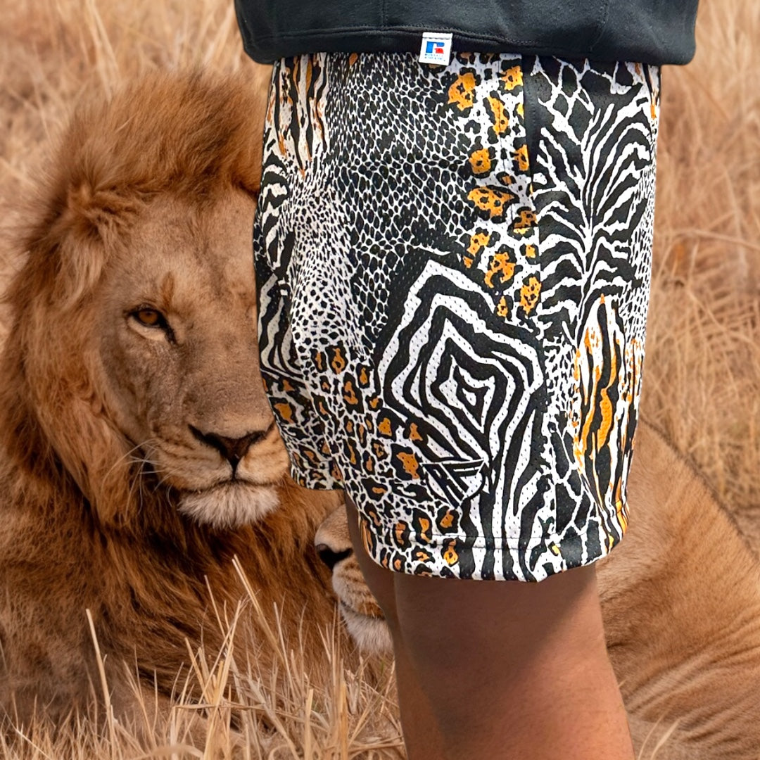 RF Wear Men's Mesh Animal Print Shorts  - Mash-up - Natural Made in USA