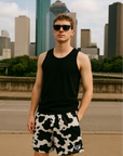 RF Wear Men's Mesh Animal Print Shorts - Cow - Black/White - Model Front View