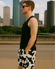 RF Wear Men's Mesh Animal Print Shorts - Cow - Black/White - Model Side View